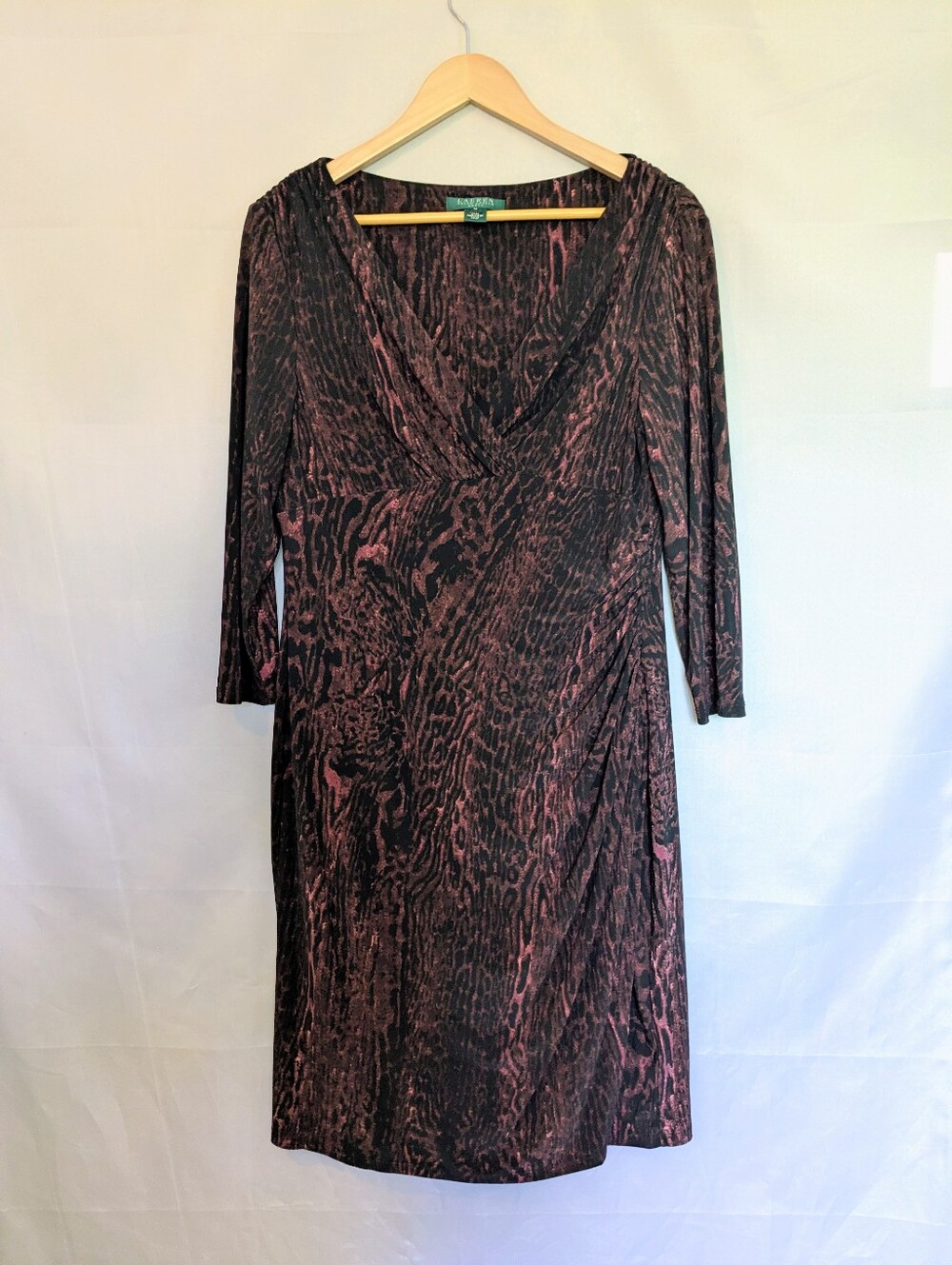 Ralph Lauren Abstract Leopard Ruched Faux Wrap Midi Dress Burgundy Black 14